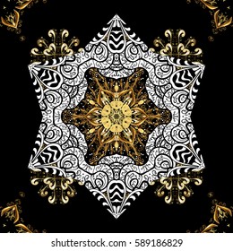 Decorative symmetry arabesque. Vector illustration. Good for greeting card for birthday, invitation or banner. Medieval floral royal pattern. Gold on black background.