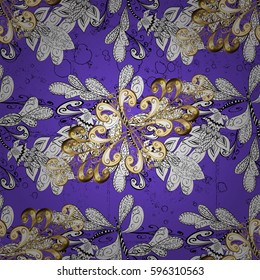 Decorative symmetry arabesque. Vector illustration. Good for greeting card for birthday, invitation or banner. Seamless pattern medieval floral royal pattern. Gold on violet background.