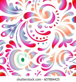 Decorative symmetry arabesque. Vector illustration. Violet and green seamless pattern on a white background. Good for greeting card for birthday, invitation or banner. Medieval doodle royal pattern.