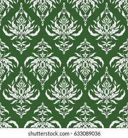 Decorative symmetry arabesque. Vector illustration. Green and white seamless pattern good for greeting card for birthday, invitation or banner. Medieval royal pattern.