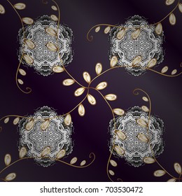 Decorative symmetry arabesque. Vector illustration. Good for greeting card for birthday, invitation or banner. Medieval floral royal pattern. Gold on purple and lilac background.