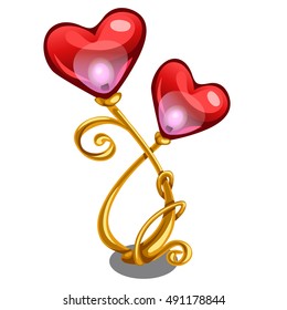 Decorative table lamp in the form of gold branches with red shades in the shape of a heart isolated on a white background. Vector illustration.