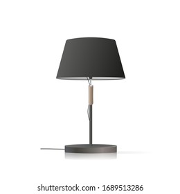 Decorative table lamp. Original model with a black silk lampshade and a metal leg. For living room, bedroom, study and office. Vector illustration on a white background.