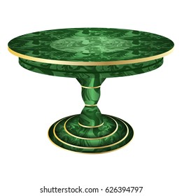 Decorative  table for room or palace interior as scene element. Malachite stone ornate with gold. Isolated object, vector illustration.