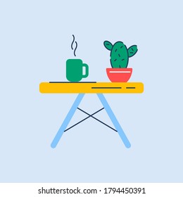 Ilustración de vector de color RGB semiplana de tabla decorativa. Elegante salón con muebles. Mesa de café con bebida caliente y cactus interior aislado objeto de dibujos animados sobre fondo azul