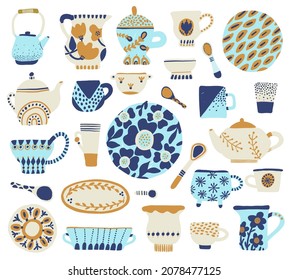 Decorative tableware. Cute crockery rustic style, hand drawn cookware blue and white colors, ceramic patterned kitchen pottery, porcelain ornamental plates. Vector