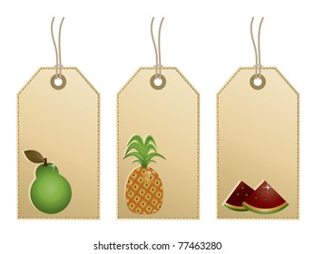 decorative tags with fruit motifs isolated on white