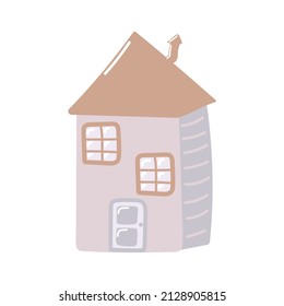 Decorative tall cute suburban house. Hand drawing in children's flat cartoon style. Simple vector pink and blue house with windows and a brown roof. Isolated on white background.