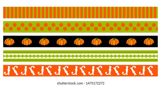 Decorative tape for Halloween party .Сolor geometric ornament, pumpkin, witch boots.Vector illustration  Cartoon style. Pattern for decor of Invitations,poster, postcard, textiles.
