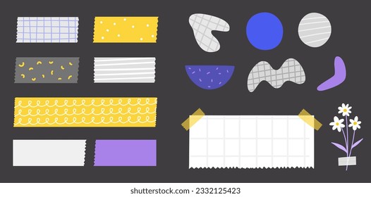 Decorative tape, set of different washi tape pieces and stickers isolated on dark background. Patterned and simple labels for collages, journaling and vision board.