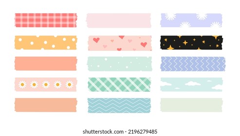 Decorative tape set. Element colorful paper. Adhesive transparent masking tape clip art in colors, with polka dot and diagonal stripe patterns, flowers, clouds, stars.