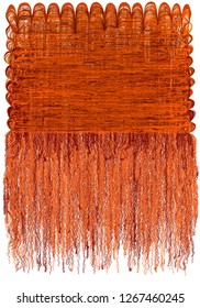 Decorative tapestry with grunge striped wavy pattern and long fluffy fringe in orange,brown colors isolated on white