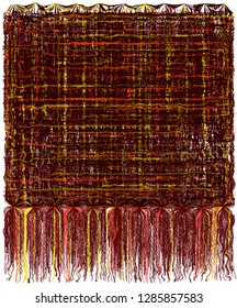 Decorative tapestry with grunge striped wavy pattern and long fluffy fringe in brown, yellow,orange colors isolated on white