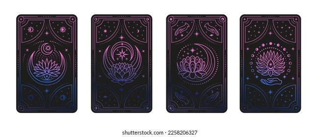 Decorative tarot cards covers, magic mystical lotus and moon. Ritual witches elements, stars and line frames. Colorful gypsy dard vector set