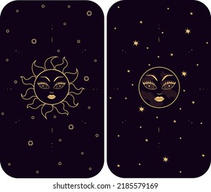 Decorative tarot cards, divination cards. Vintage retro engraving style, sun face, moon face, stars, sky. Cosmos, magical, astrological, cosmological symbols.