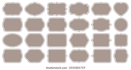 Decorative taupe stickers, frames. Set of provence antique frames, collection of retro labels, royal wedding, sticker for sale or an invitation card. Isolated vector symbols. Simple beige label set