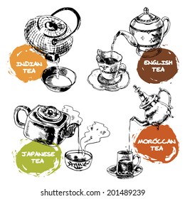 Decorative tea ceremony  ceramic china teapot and glass cup icons composition set doodle sketch isolated vector illustration