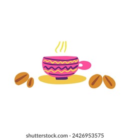 Decorative tea cup, coffee seed, Traditional dishes, vector cartoon flat illustration, mexican tableware set isolated on white, colorful symbol grain, rustic sign for design restaurant menu, cafe
