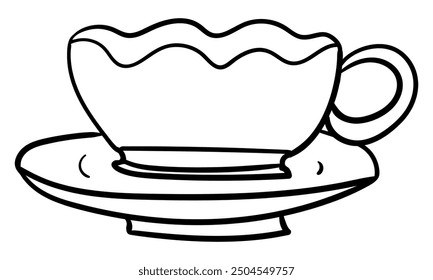 Decorative tea cup on a saucer plate side view hand drawn outline vector illustration. Isolated on white background