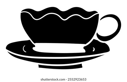 Decorative tea cup on a saucer plate side view silhouette vector illustration. Isolated on white background