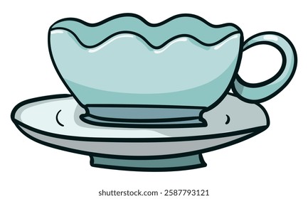 Decorative tea cup on a saucer plate side view colored doodle vector illustration. Isolated on white background