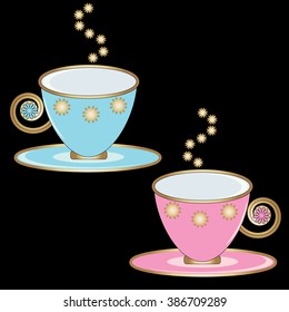 Decorative tea cup and saucer. Vector illustration.Tea set for two.