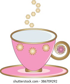 Decorative tea cup and saucer. Vector illustration.