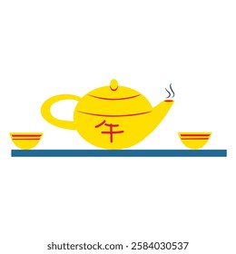 Decorative tea cup, yellow teapot,Traditional dishes, vector cartoon flat illustration, Chinese tableware set icon isolated on white, colorful symbol, rustic sign for design restaurant menu, cafe