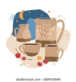 Decorative Tea Set With Cups, Teapot, Milk Jug On An Abstract Background With Cherries. Banner Concept About Quiet Holiday Evenings At Home. Scandinavian Hygge. Cartoon Vector Illustration