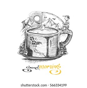 Decorative Tea time poster vintage tea background, Hand Drawn Sketch Vector illustration.