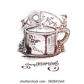 Decorative Tea time poster vintage tea background, Hand Drawn Sketch Vector illustration.
