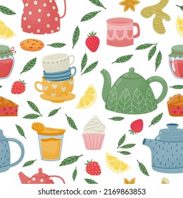 Decorative tea time seamless pattern with teapot and cup. Vector tea pattern breakfast, kitchen cup background decorative seamless illustration