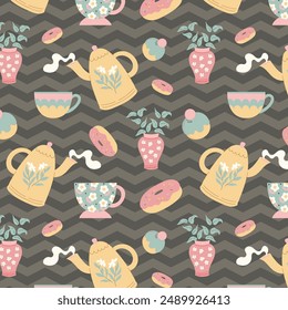 Decorative tea time seamless pattern with teapots, cups and sweets. Morning drink, english breakfast print. Kitchen wallpaper vector design. Hot beverage with biscuits, cupcakes and lemon