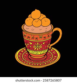 Decorative teacup illustration with a playful, modern feel.  Bright and bold design. Hand drawn teacup filled with vibrant citrus.  Unique artwork. Eye catching teacup graphic with  fun,  fruity twist