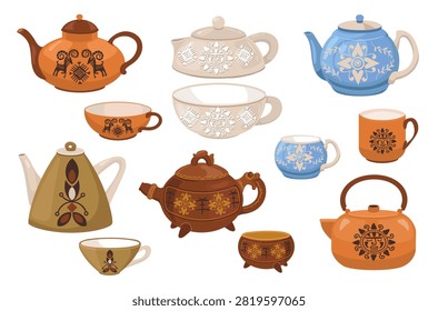 Decorative teapots and cups. Folk inspired kettles and cups featuring traditional ornamental patterns, kitchen utensils, table setting, kitchen decor splendid vector cartoon flat style isolated set