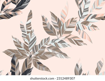 Decorative tee foliage endless wallpaper vector. Simple botanical summer fashion textile print. Hawaiian bush branch leaves seamless pattern. Stripes texture plant leaves.