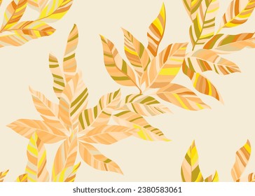 Decorative tee leaves repeat pattern vector. Lush floral spring dress tissue print. Hawaiian bush branch leafage seamless pattern. Stripes texture plant leaves.