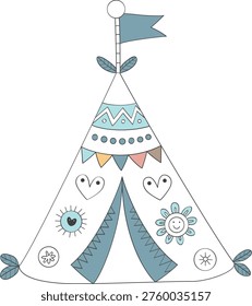 Decorative teepee tent with patterns, hearts, sun, and a blue flag on top