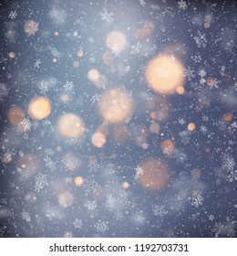 Decorative template Christmas background with snow and bokeh lights. Magic holiday abstract glitter background with blinking stars and falling snowflakes. EPS 10