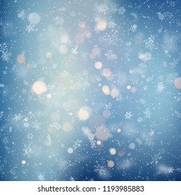 Decorative template Christmas background with snow and bokeh lights. Magic holiday abstract glitter background with blinking stars and falling snowflakes. EPS 10
