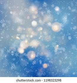 Decorative template Christmas background with snow and bokeh lights. Magic holiday abstract glitter background with blinking stars and falling snowflakes. EPS 10