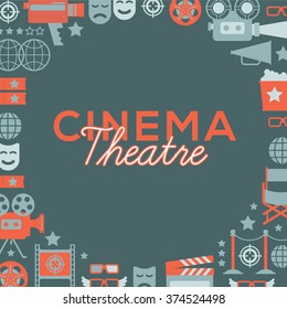 Decorative template with cinema symbols and signs. Cinema theatre illustration for web, flyers, print design.