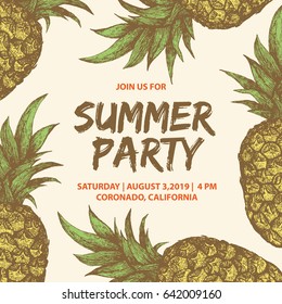 Decorative template design with pineapple. Summer party invitation. Fruit frame background.