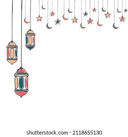 Decorative template design for ramadan with stars, moon, and lantern. Hand drawn ramadan kareem with lantern. Vector illustration