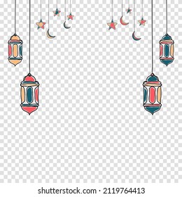 Decorative template design for ramadan with stars, moon, and lantern. Hand drawn ramadan kareem with lantern. Vector illustration