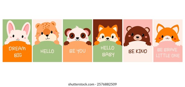 Decorative template flyer, placard, sticker, label with cute animals. Copy space for text. Can be used for greeting, decoration, congratulation, baby shower, notes, scrapbooking design. Vector EPS8