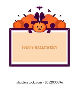 Decorative template for halloween in orange and purple colors. Image Pumpkins surrounded by an openwork frame and autumn leaves. Perfect for the design of postcards, packages, websites, brochures. 