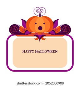 Decorative template for halloween in orange and purple colors. Image Pumpkins surrounded by an openwork frame and autumn leaves. Perfect for the design of postcards, packages, websites, brochures. 