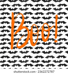 Decorative template with hand lettered text Boo on bats background, Halloween illustration