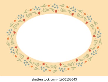 Decorative template with oval floral ornament. Elliptical floral frame with wild flowers and tulips. Vector illustration EPS10